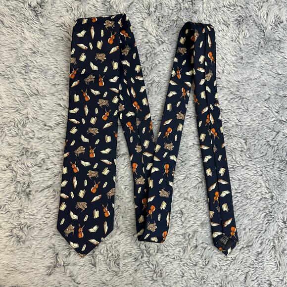 Caesar Roma 100% Silk Neck Tie Navy Musical Instruments Piano Cello Formal - Picture 2 of 6